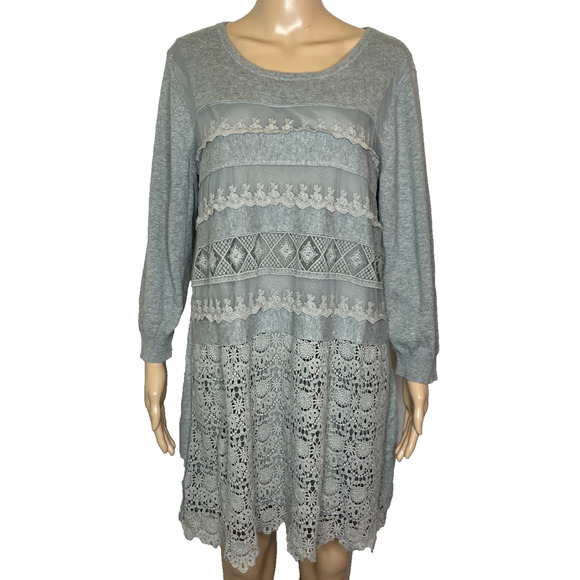 Women's XL Sundance Gray Lace Front Scoop Neck Cotton Knit Tunic Top - Picture 1 of 4